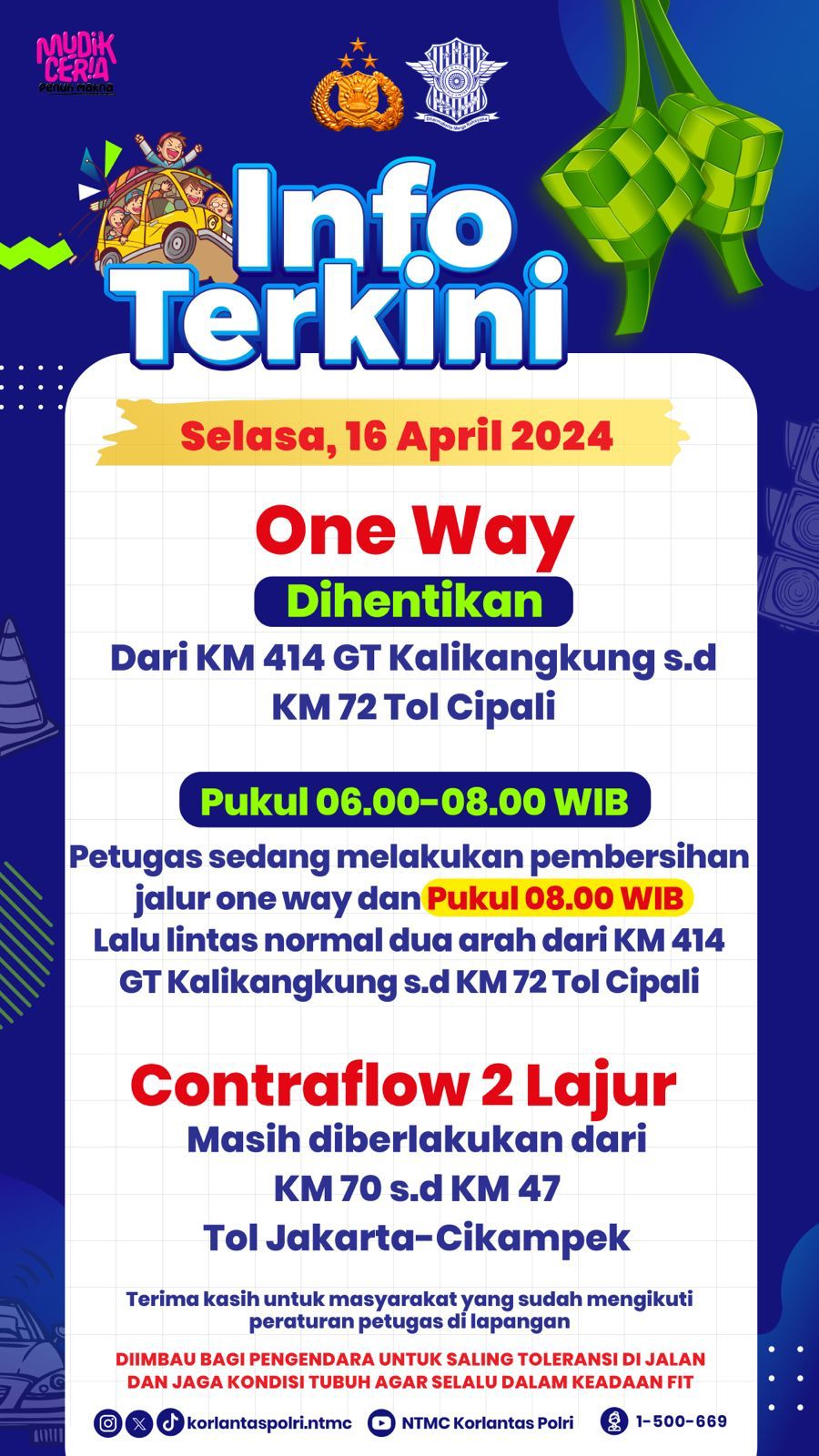 “One Way” Dihentikan, Km 414 Tol Kalikangkung hingga Km 72 Tol Jakarta Cikampek Normal 2 Arah